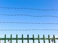 Barbed wire on fence against blue sky. Symbol of unfreedom and deprivation. Unfreedom concept Royalty Free Stock Photo