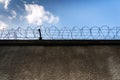 Barbed wire fence around prison walls, blue cloudy sky in background, security, crime illegal immigration concept