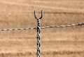 Barbed wire fence with a background of a dry, tilled field. Royalty Free Stock Photo