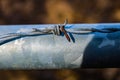 Barbed wire fence barricade gate showing rusted barb Royalty Free Stock Photo