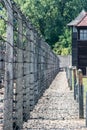 Barbed-wire fence at the Nazi German concentration death camp Auschwitz I