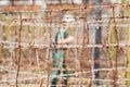 Barbed wire, a fence in prison and the silhouette of a prison gu Royalty Free Stock Photo