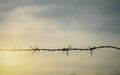 Barbed wire fence with sunset Twilight sky. Chain with spike for safety and security boundary concept for human rights slave,