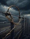 Barbed wire fence under a stormy sky with dark, ominous clouds threatening over a desolate landscape, conveying a sense of Royalty Free Stock Photo