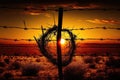 barbed-wire fence with a view of the sunrise over the horizon Royalty Free Stock Photo