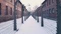 Between barbed wire fences. Auschwitz Birkenau, German Nazi concentration and extermination camp. Barracks in falling