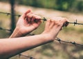 Barbed wire and the hands of a girl. Conceptual scene. Hunger for freedom