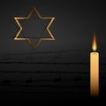 Barbed wire and one memorial candle, International Holocaust Remembrance Day poster, January 27 Royalty Free Stock Photo