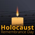 Barbed wire and one memorial candle, International Holocaust Remembrance Day poster, January 27 Royalty Free Stock Photo