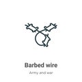 Barbed wire outline vector icon. Thin line black barbed wire icon, flat vector simple element illustration from editable army Royalty Free Stock Photo