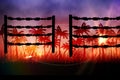 Barbed wire over silhouette of palm trees against sunset sky Royalty Free Stock Photo