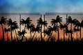 Barbed wire over silhouette of palm trees against sunset sky Royalty Free Stock Photo