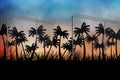 Barbed wire over silhouette of palm trees against sunset sky Royalty Free Stock Photo