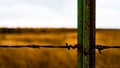 RustyBarbed Wire Post Behind Crushed Golden Grassland Royalty Free Stock Photo