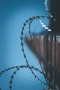 Barbed wire in the prison or on military base, close up perspective