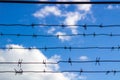 Barbed wire of prison wall closes blue sky, escape concept