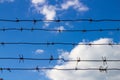 Barbed wire of prison wall closes blue sky, escape concept Royalty Free Stock Photo