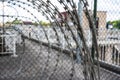Barbed wire on a protect zone at Antwerp Port, Belgium Royalty Free Stock Photo