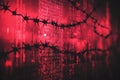 Barbed wire is protecting binary code on a red background, symbolizing cybersecurity threat and data protection Royalty Free Stock Photo