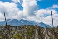 Barbed wire separating the mountain landscape. In the foreground there are solid stones and mountain plants, flowers Royalty Free Stock Photo