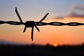 barbed wire silhouette on a fence at sunset Royalty Free Stock Photo