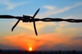 barbed wire silhouette on a fence at sunset Royalty Free Stock Photo