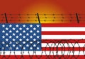 Barbed wire steel on wall made from the american flag. Immigration from Mexico illustration. Concept illustration. Royalty Free Stock Photo