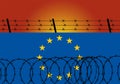 Barbed wire steel on wall made from the European Union EU flag. Border control and immigration and refugee politics. Fort Europe c