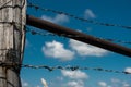 Barbed wire on a wooden fence in the field Royalty Free Stock Photo