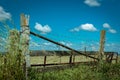 Barbed wire on a wooden fence in the field Royalty Free Stock Photo