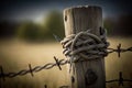 barbed wire wrapping around a wooden fence post