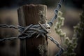 barbed wire wrapping around a wooden fence post