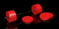 Barbell with chrome handle and red plates in front on black background, sport, fitness, exercise or weightlift concept Royalty Free Stock Photo