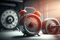 Barbell discs and alarm clock in gym. Time for workout gym conce Royalty Free Stock Photo