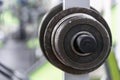 Barbell discs hanging on a rack in the gym. Royalty Free Stock Photo