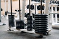 Barbell discs stacked in rows in the gym Royalty Free Stock Photo