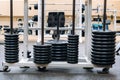 Barbell discs stacked in rows in the gym Royalty Free Stock Photo