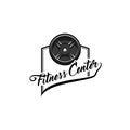 Barbell disk icon. Fitness center logo label. Sport Training. Bodybuilding. Disk weight. Vector.