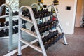 Barbell free weights on rack Royalty Free Stock Photo