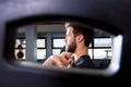 Barbell man weightlifting workout view through hole Royalty Free Stock Photo