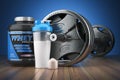 Barbell and whey protein shaker. Sports bodybuilding supplements