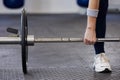 Barbell, woman hands and weightlifting exercise for fitness, workout and sports challenge in gym. Closeup female athlete Royalty Free Stock Photo