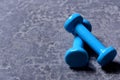 Barbells placed crosswise in closeup. Dumbbells made of cyan plastic