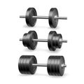 Barbells set. Realistic dumbbells on white background. Fitness gym and bodybuilding weight equipment