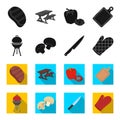 Barbeque grill, champignons, knife, barbecue mitten.BBQ set collection icons in black,flet style vector symbol stock