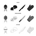Barbeque grill, champignons, knife, barbecue mitten.BBQ set collection icons in black,monochrome,outline style vector Royalty Free Stock Photo