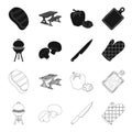 Barbeque grill, champignons, knife, barbecue mitten.BBQ set collection icons in black,outline style vector symbol stock