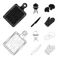 Barbeque grill, champignons, knife, barbecue mitten.BBQ set collection icons in black,outline style vector symbol stock Royalty Free Stock Photo