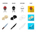 Barbeque grill, champignons, knife, barbecue mitten.BBQ set collection icons in cartoon,black,outline,flat style vector Royalty Free Stock Photo