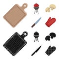 Barbeque grill, champignons, knife, barbecue mitten.BBQ set collection icons in cartoon,black style vector symbol stock